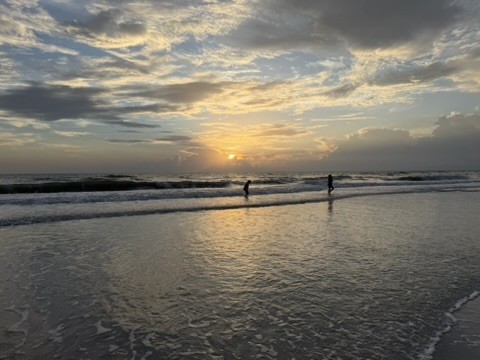 Children playing in the surf at sunset